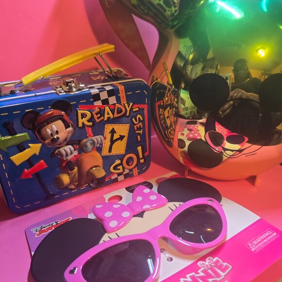 DIsney Trio Popcorn Bucket + Disney Sunglasses and New Mickey metal Box ALL NEW! - Picture 9 of 15